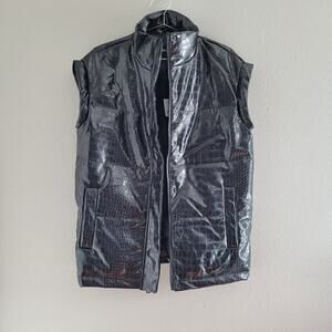 DKNY Croc Embossed Puffer Vest Faux Leather Oversize Down Feather Fill Black XS